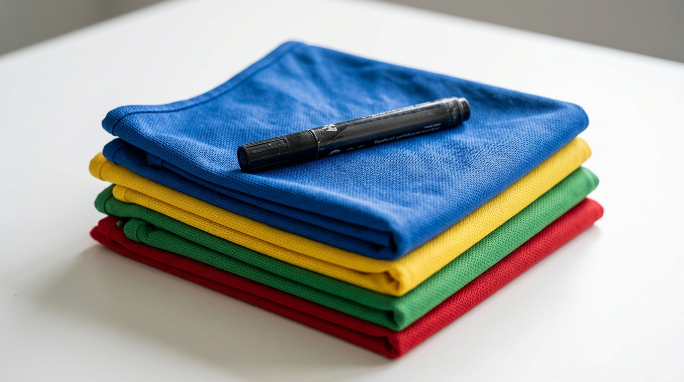 Coaching bibs in different colors with a tactical marker on a clean surface, representing creating a coaching philosophy for a youth soccer club