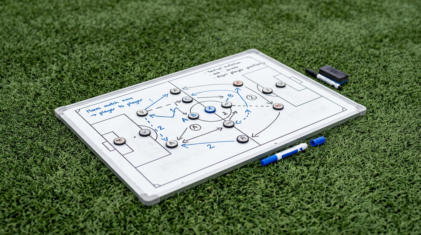 A tactical whiteboard with player magnets and notes resting on artificial turf, representing an individual development plan in youth soccer