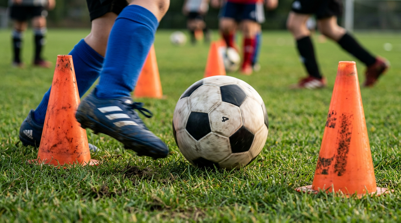 A soccer ball rolling between orange training cones on grass with motion blur, representing soccer dribbling drills