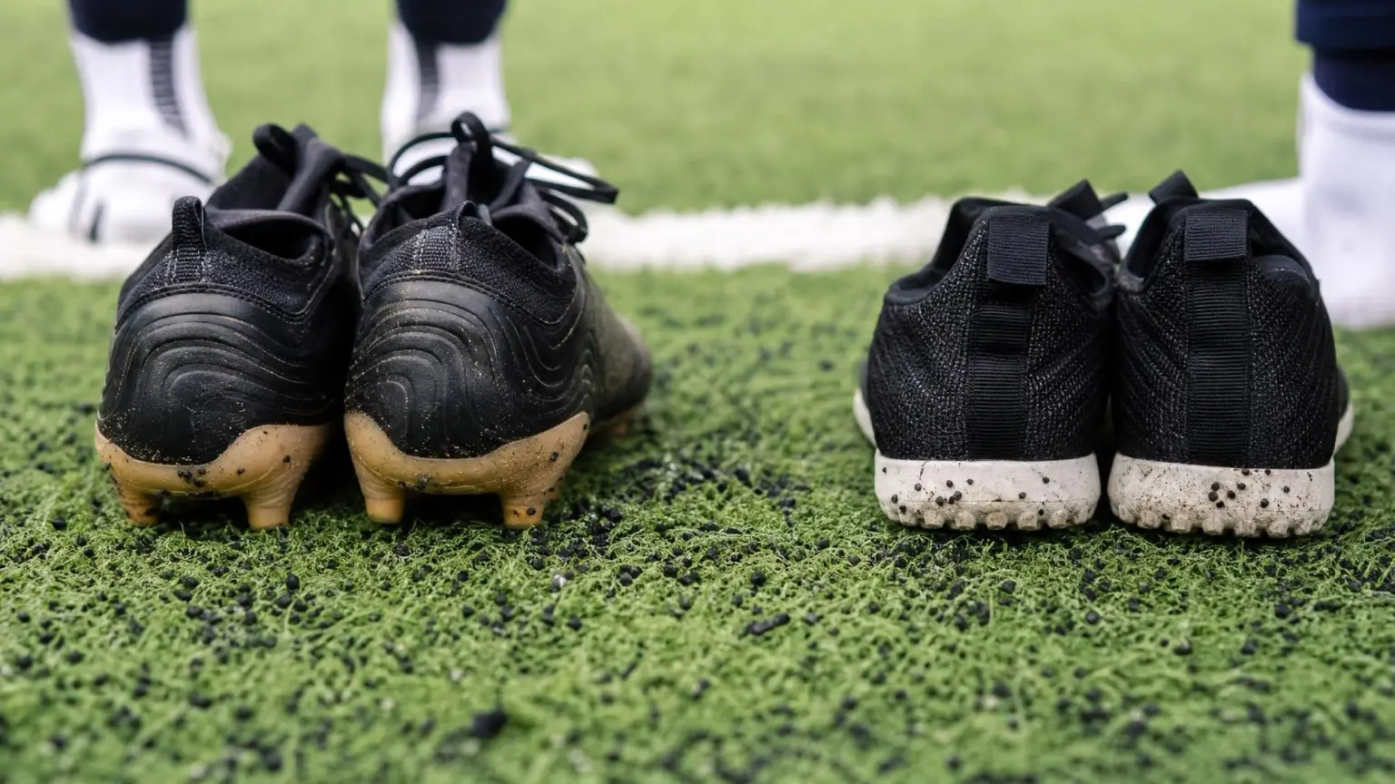 Soccer cleats and flat-soled turf shoes side by side on artificial turf with rubber infill granules, illustrating footwear choice for turf vs grass in youth soccer
