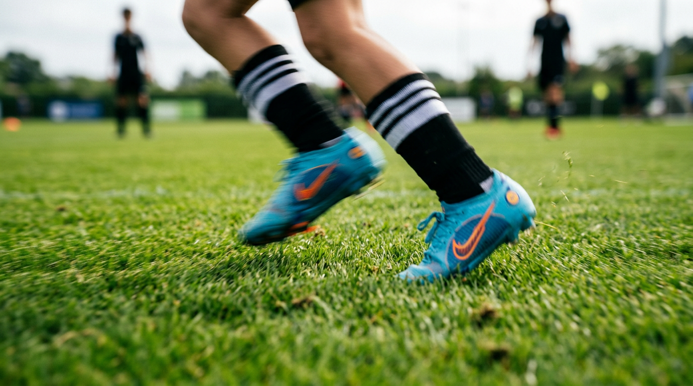 Close-up of running shoes on grass with motion blur representing soccer speed and agility training for youth players