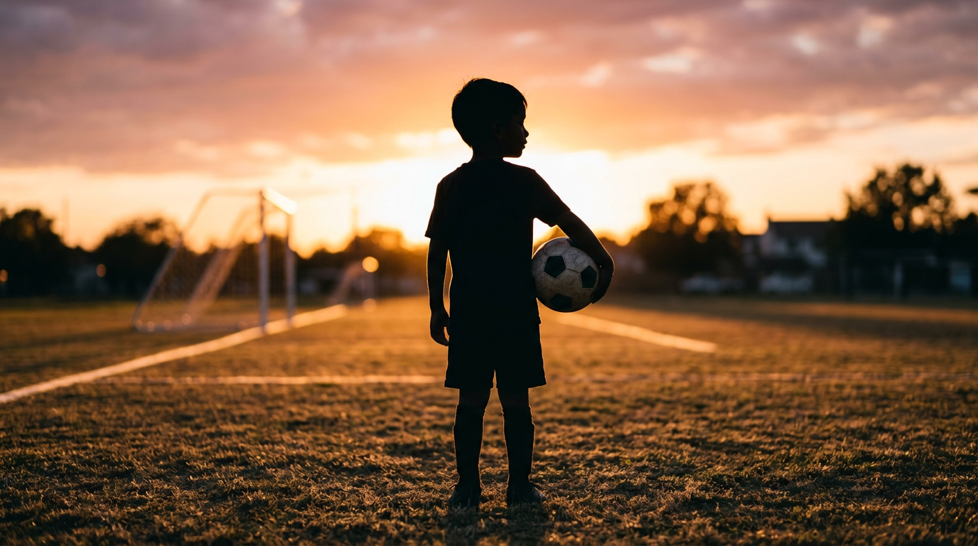 Silhouette of a small child standing alone on a soccer field at golden hour, representing a shy child building confidence through soccer