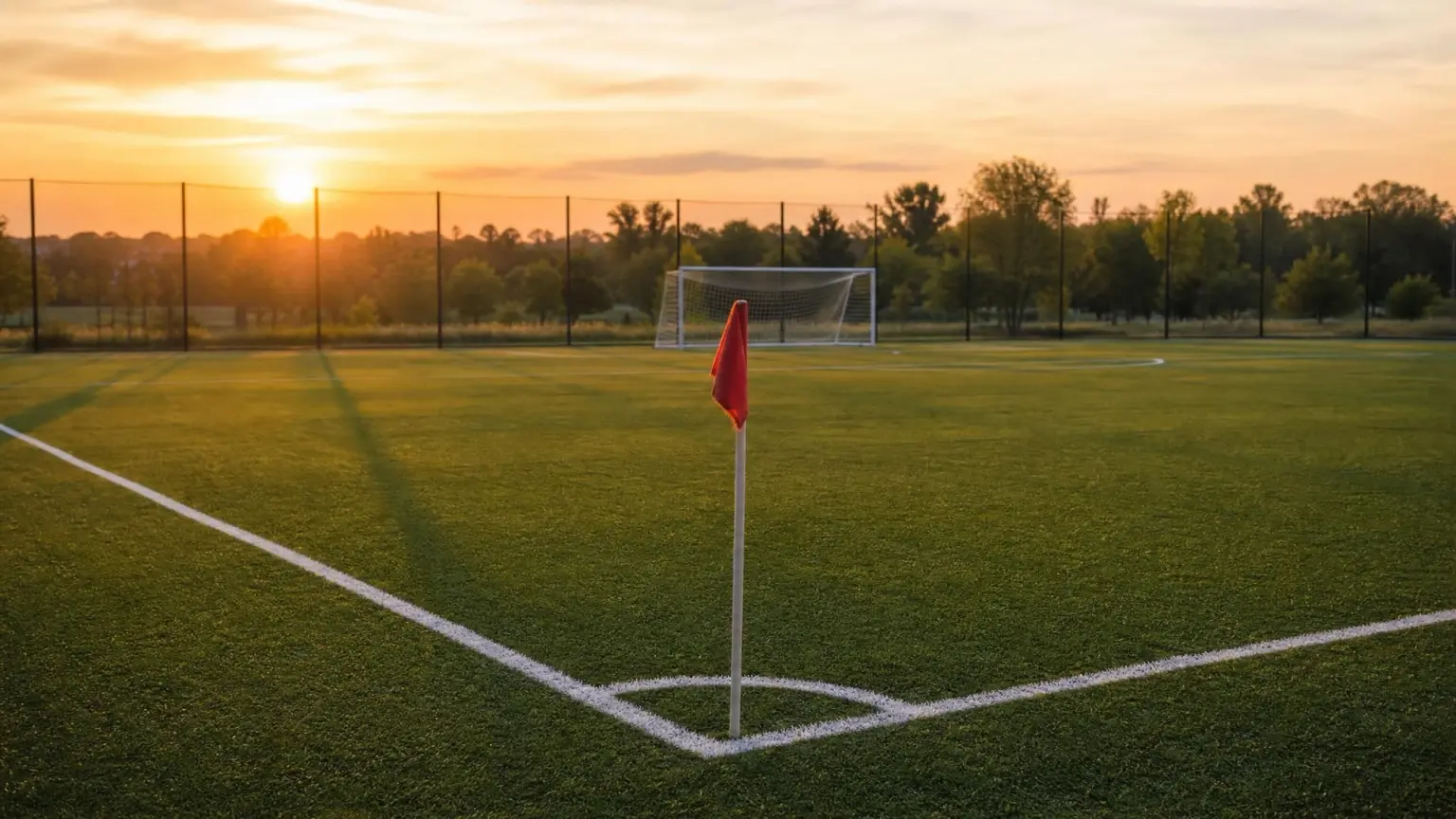 An empty youth soccer field marked with crisp white boundary lines, a goal, and a corner flag at golden hour, illustrating youth soccer field dimensions by age group