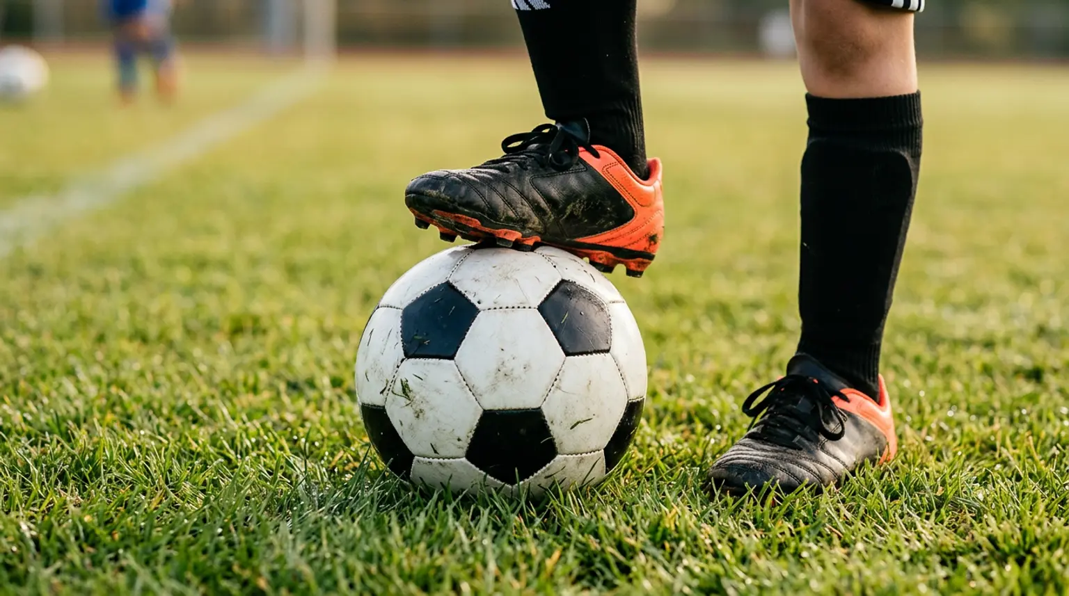 Close-up of youth soccer cleats with one foot resting on a soccer ball, representing weak foot training for young players