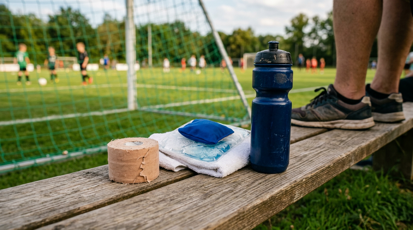 Athletic tape, an ice pack, and a water bottle on a soccer pitch sideline bench