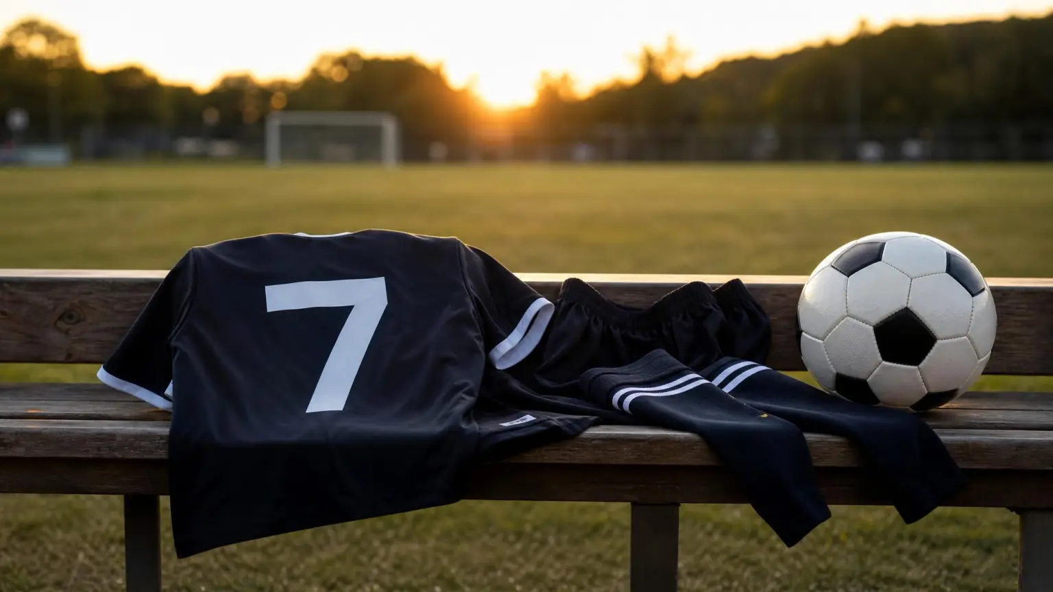 A girls' club soccer match kit and ball laid out on a stadium bench at golden hour, representing the tiers of the girls youth soccer pyramid