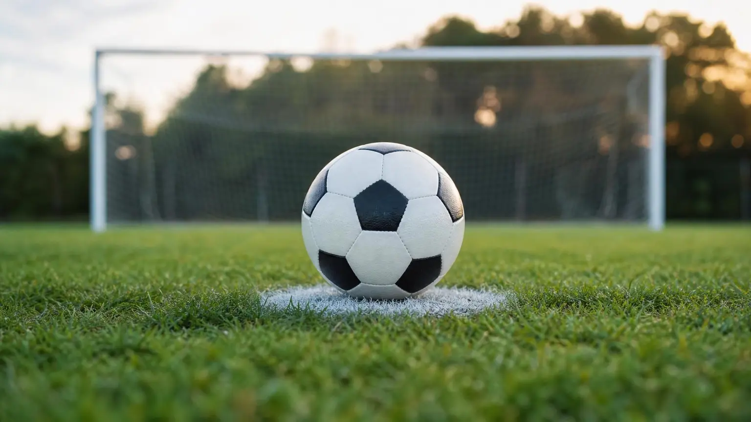A soccer ball sitting on the penalty spot of a grass pitch with the goal blurred behind it, ready for a penalty kick