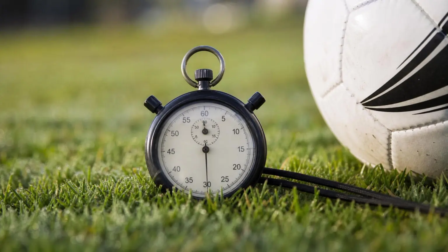 A referee's stopwatch resting on soccer field grass next to a ball, illustrating how long youth soccer games last at each age group