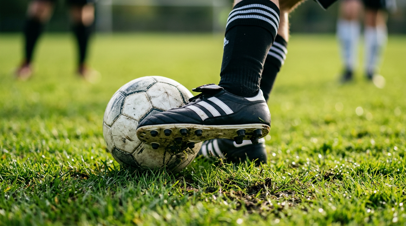 Close-up of a soccer ball being struck by a cleat on green grass, representing soccer passing drills for youth players