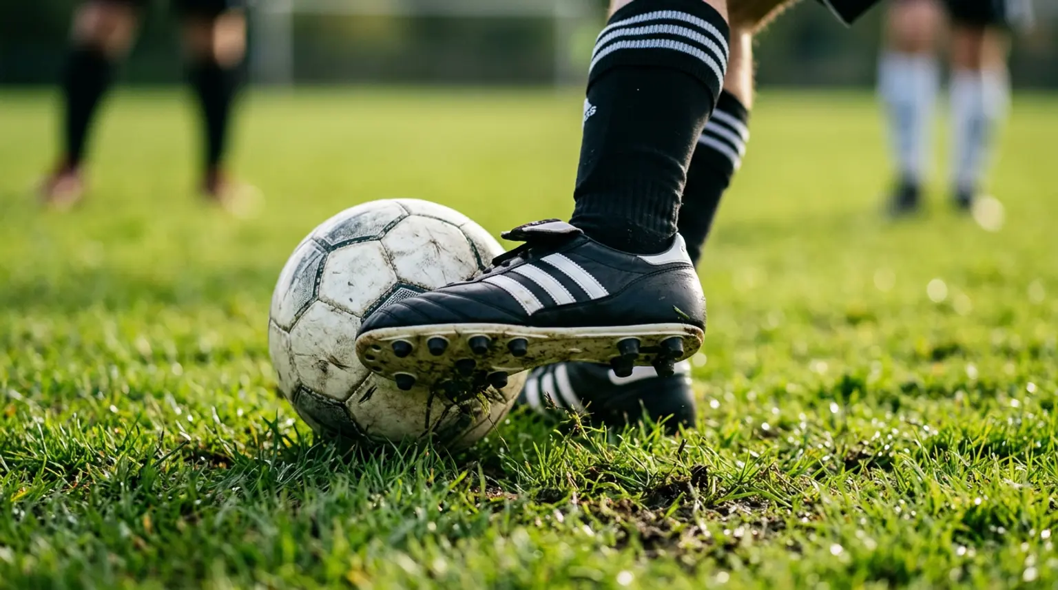 Close-up of a soccer ball being struck by a cleat on green grass, representing soccer passing drills for youth players
