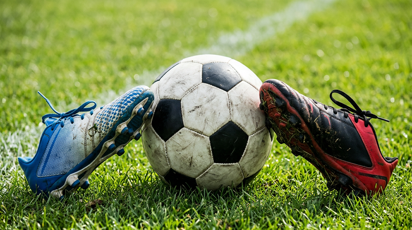 Close-up of two soccer cleats on each side of a soccer ball on green grass, representing two-footed player development coaching