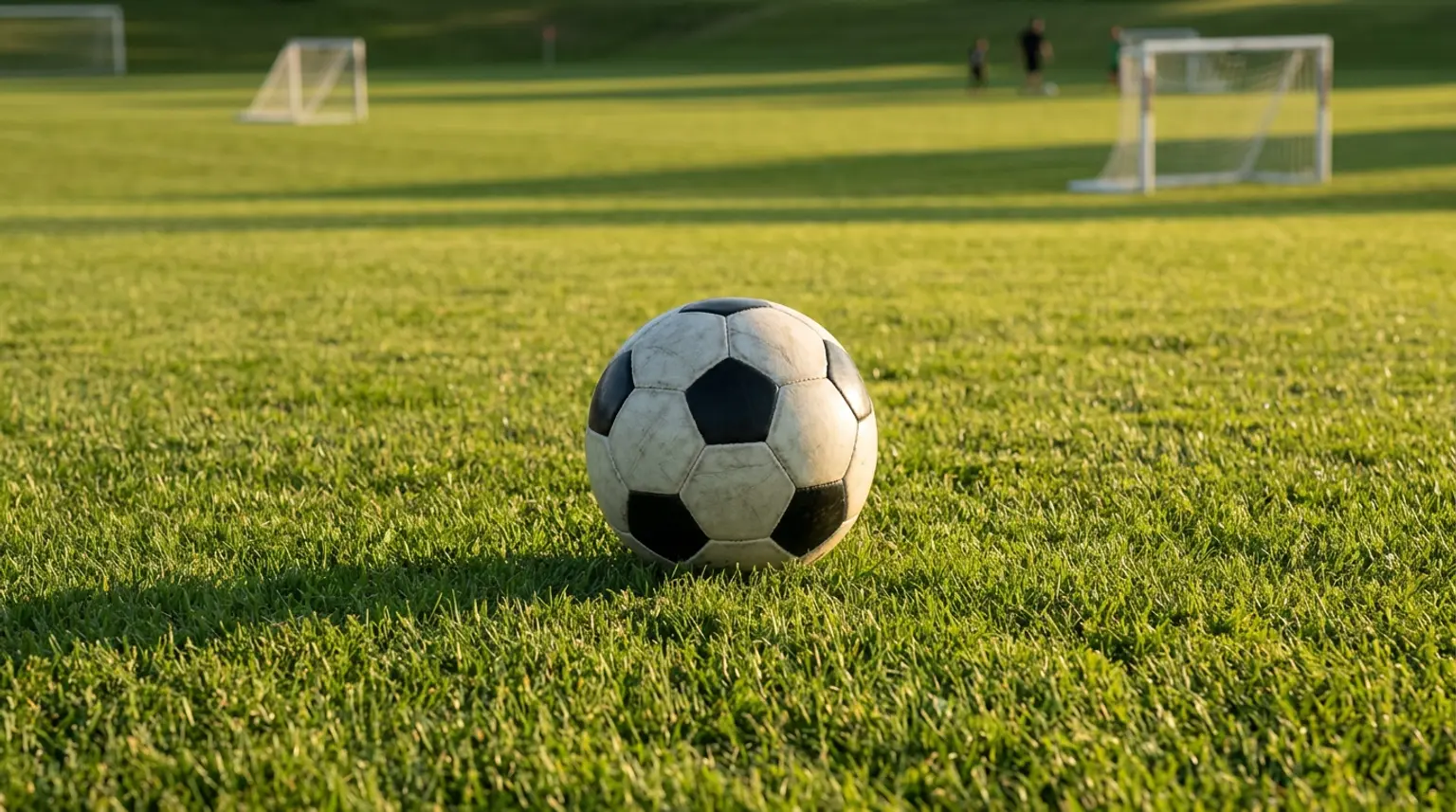 A soccer ball on a youth soccer field with small goals in warm morning light, representing age-appropriate drills for 10 year old players