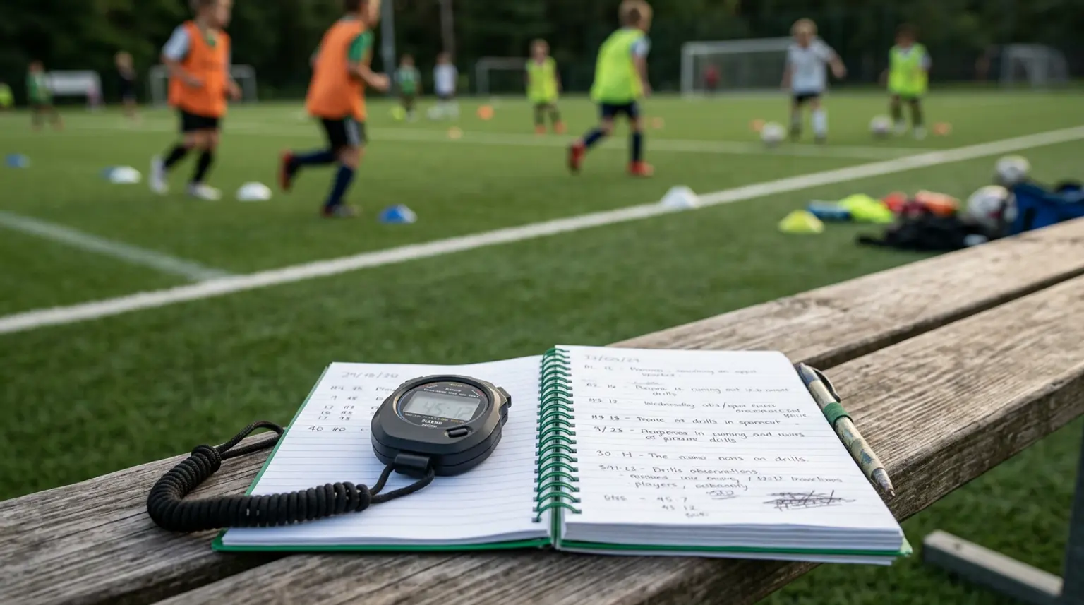 A stopwatch and coaching notepad resting on a bench beside a green soccer training field, representing player progress assessment