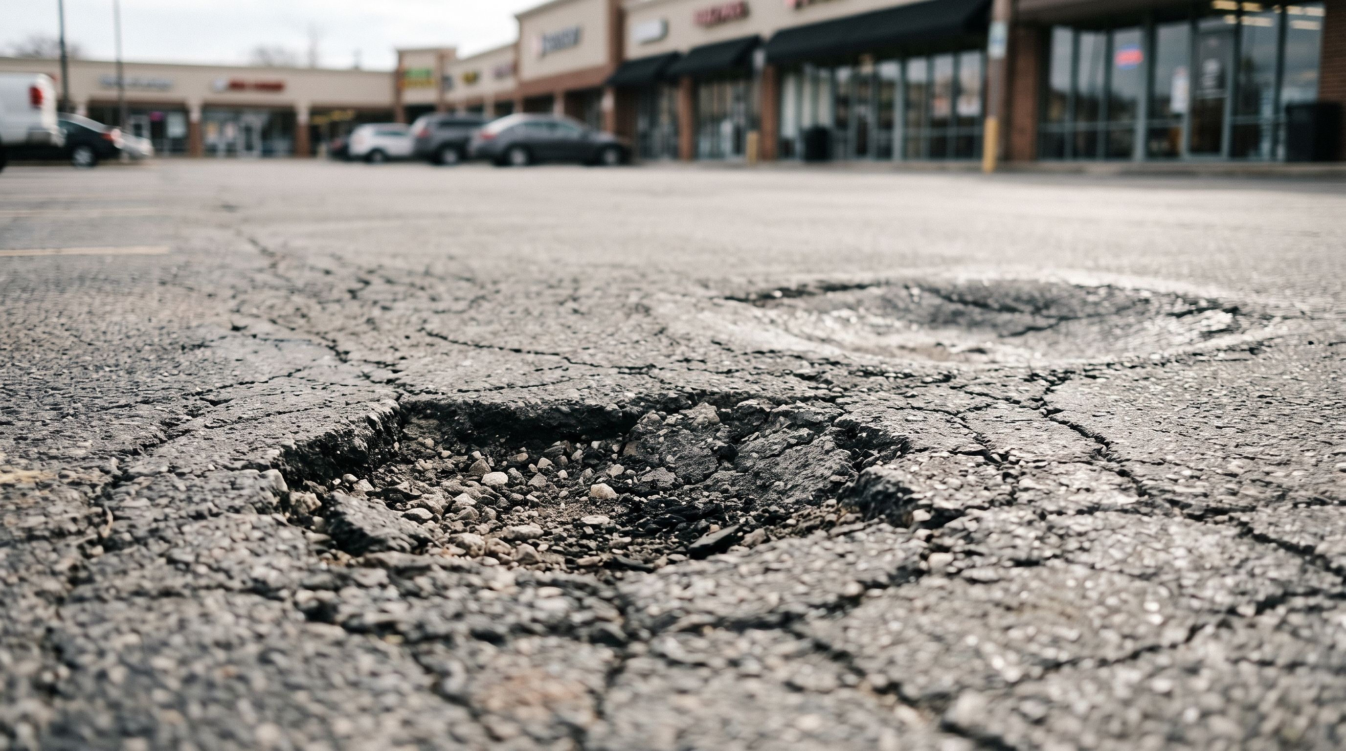 Unmarked pothole in a shopping center parking lot