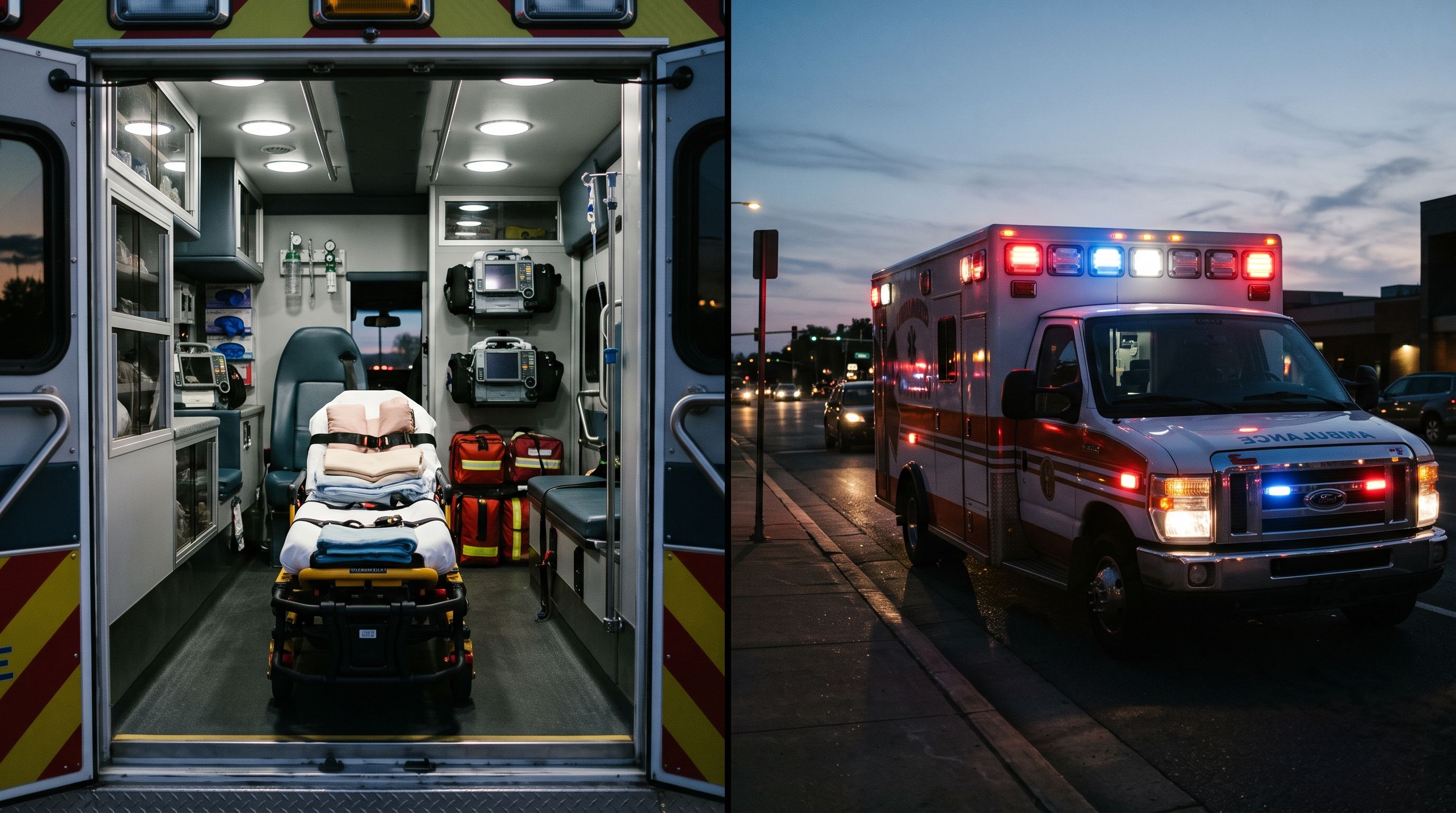 Interior of an ambulance with stretcher and medical equipment