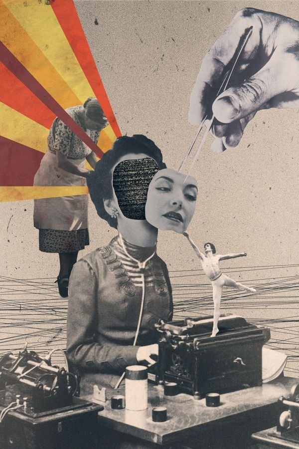 Surreal collage of women, typewriters and a hand replacing a face
