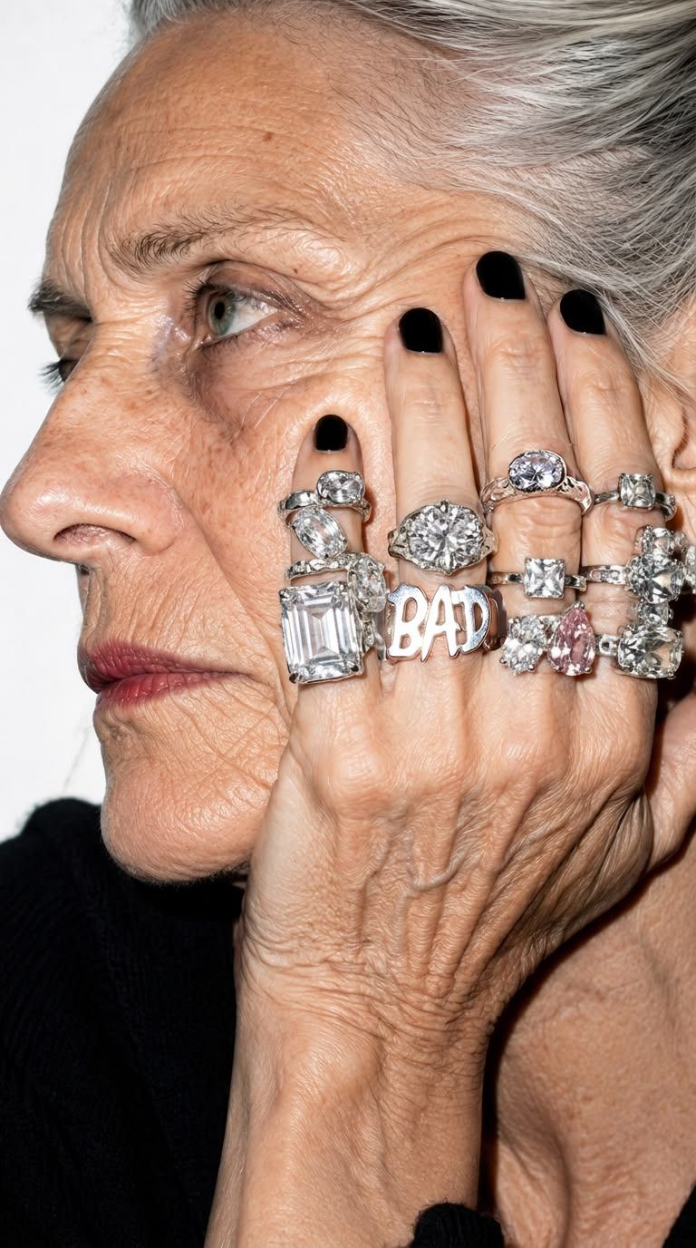 Older woman displays gemstone rings and black nail polish