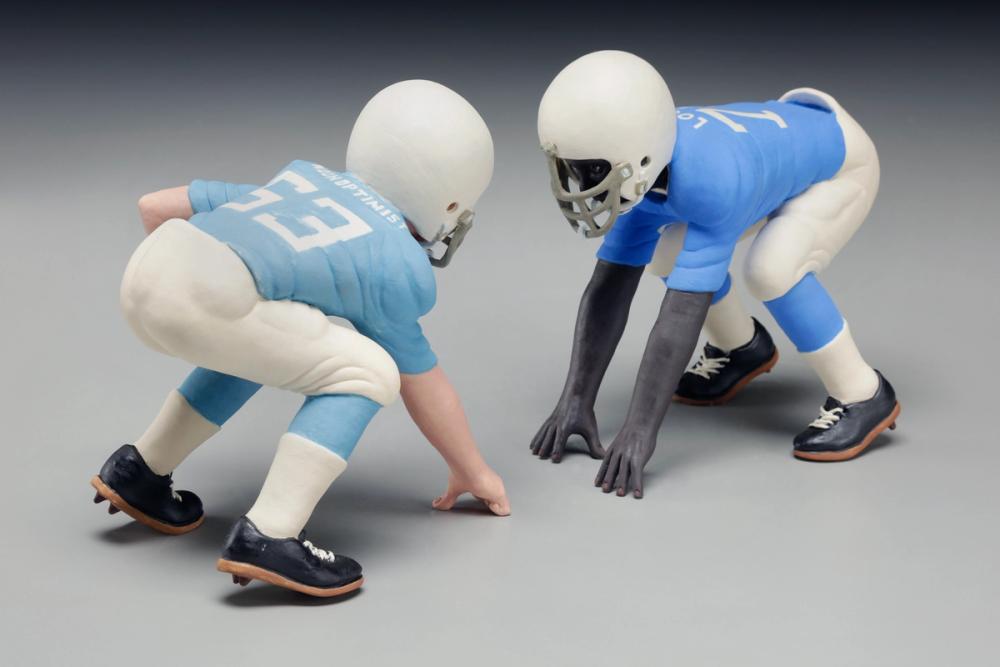 Gone: Child's Play, by Russell Biles created in 2016, hand built porcelain; 7 x 12 x 5"