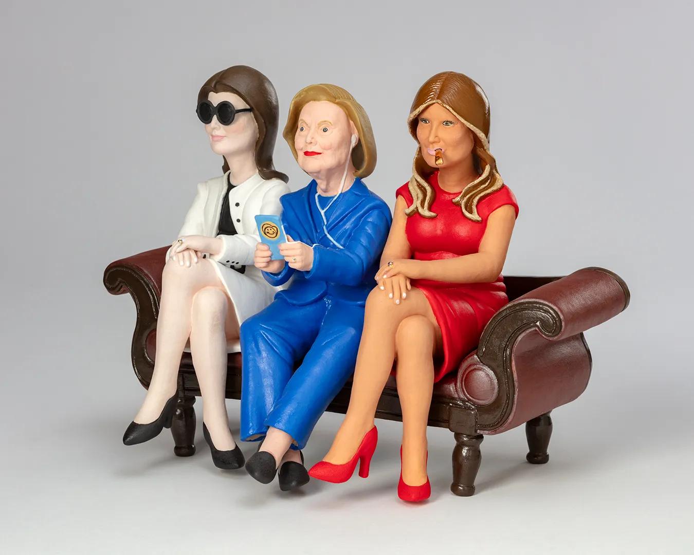 The Enablers (See No Evil, Hear No Evil, Speak No Evil)' by Russell Biles. Created in 2025, porcelain, measuring 9.75 by 13 by 7.5 inches.