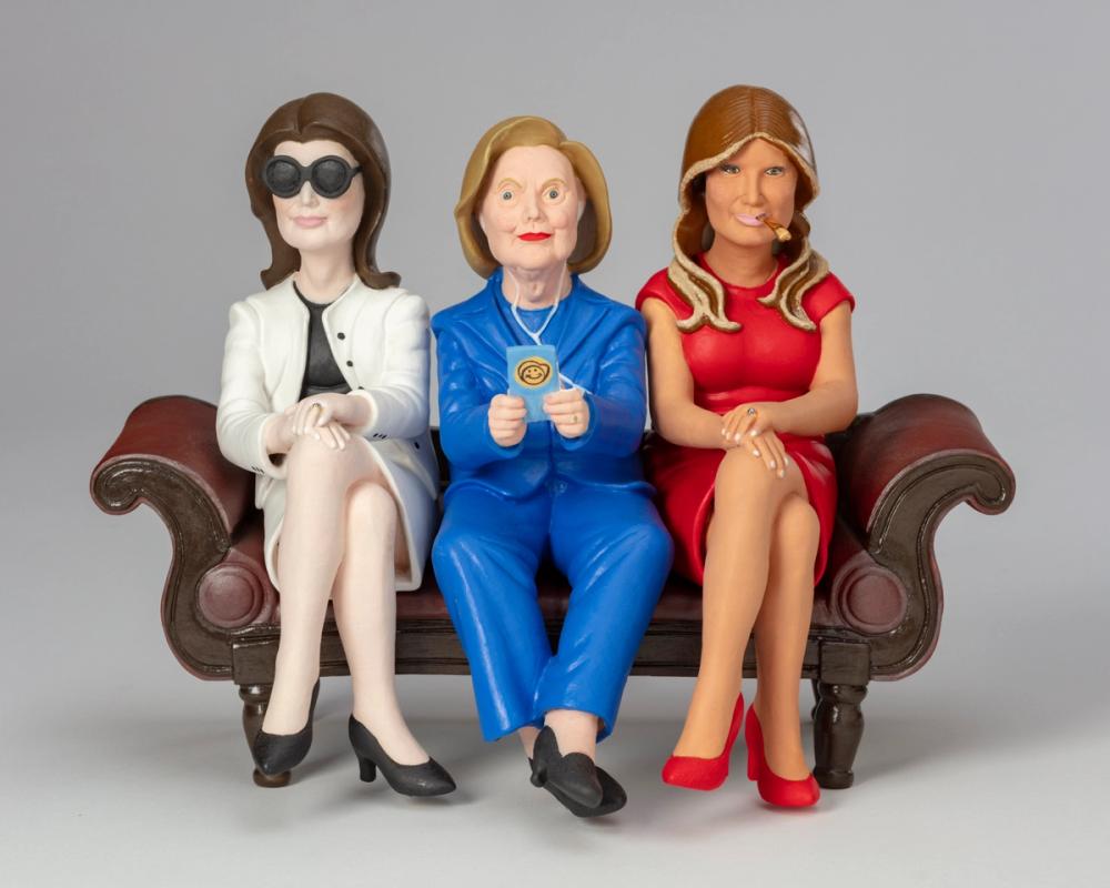 The Enablers (See No Evil, Hear No Evil, Speak No Evil)' by Russell Biles. Created in 2025, porcelain, measuring 9.75 by 13 by 7.5 inches.
