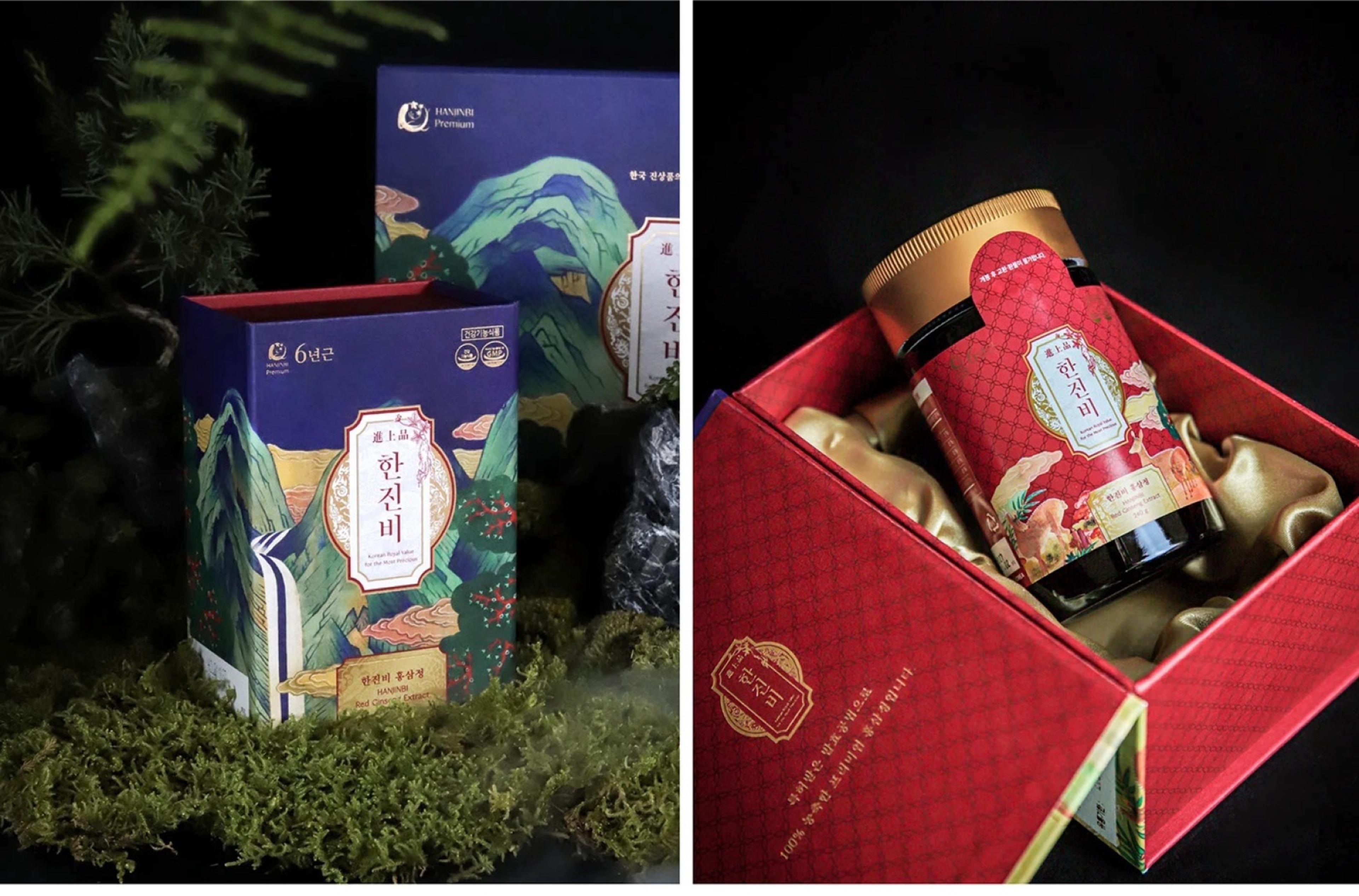 HANJINBI packaging with a jar in a gold-lined red box on moss