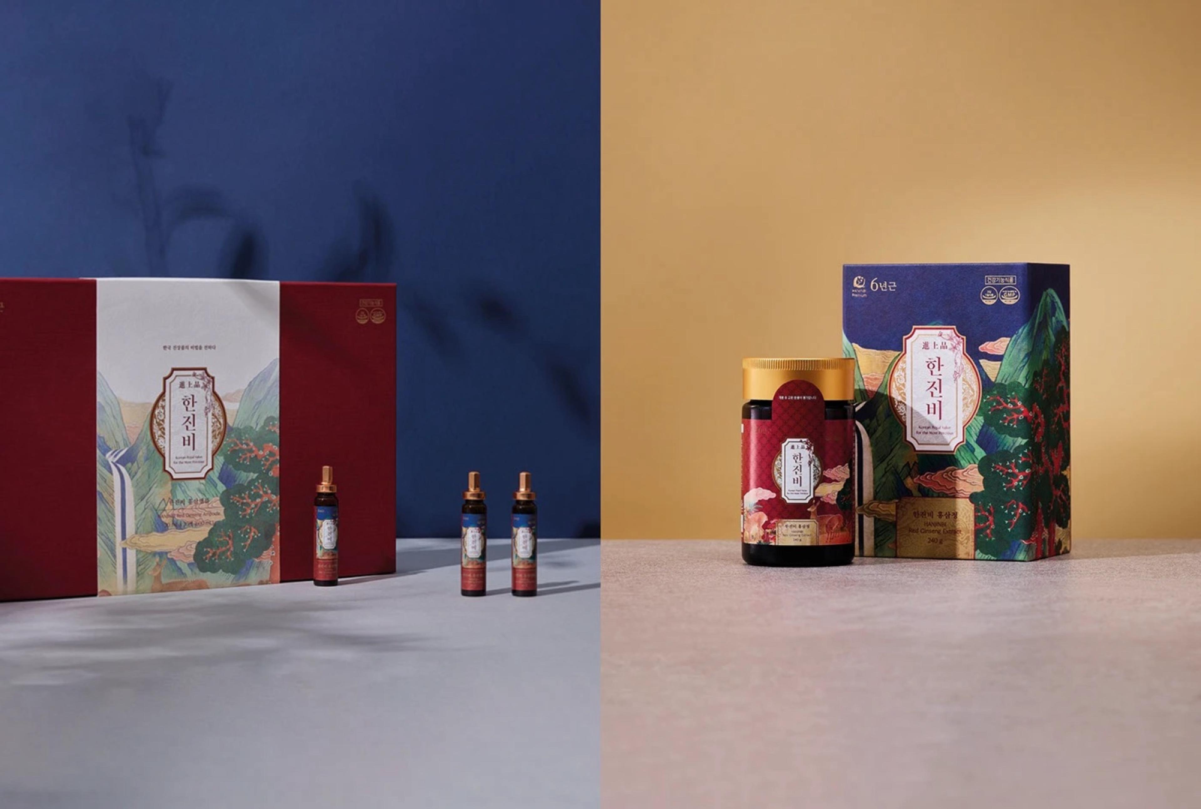 HANJINBI ampoules and a ginseng jar beside the gift box