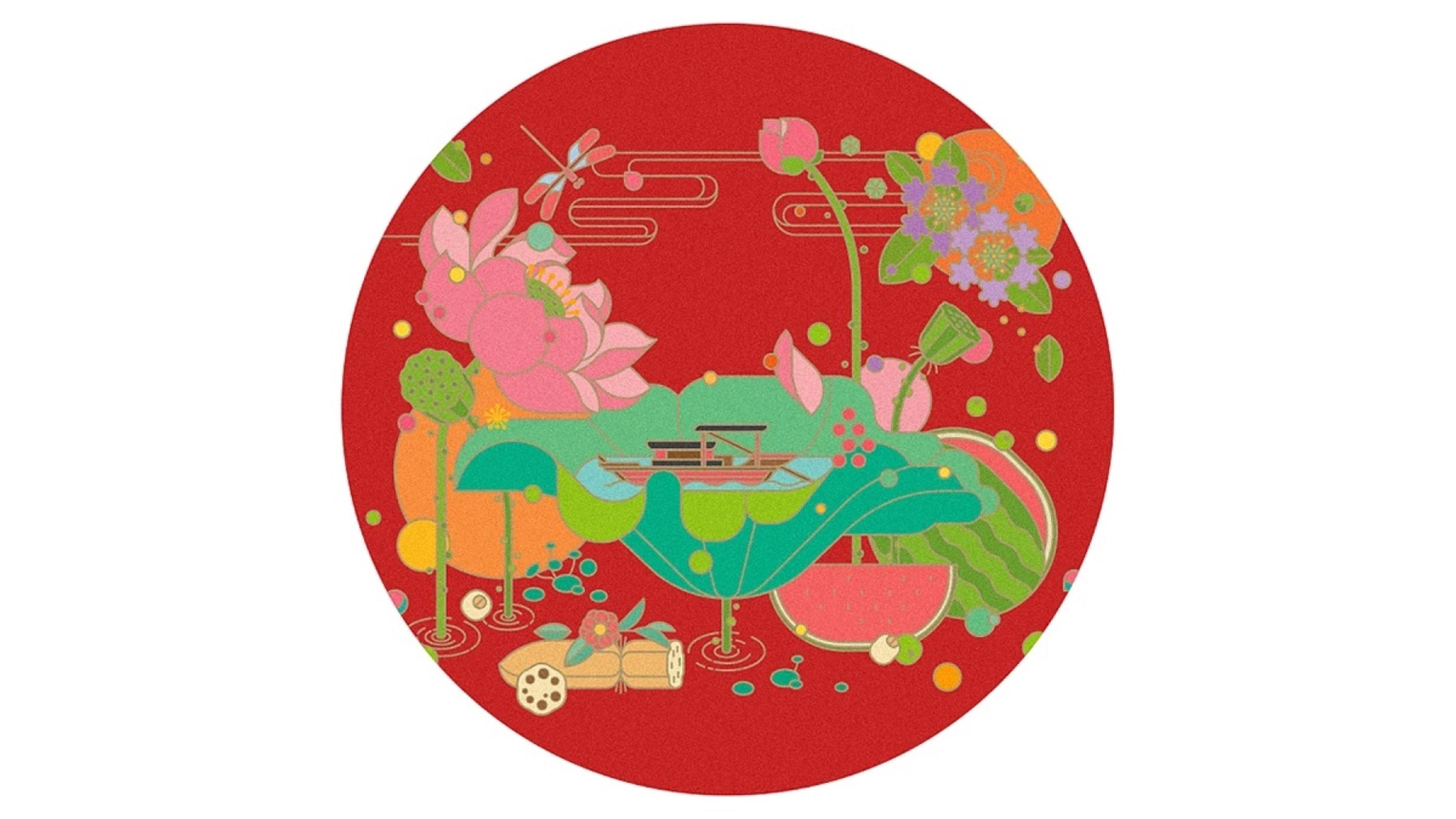 Baiyao LIFE+ round illustration of lotus and pond life on red