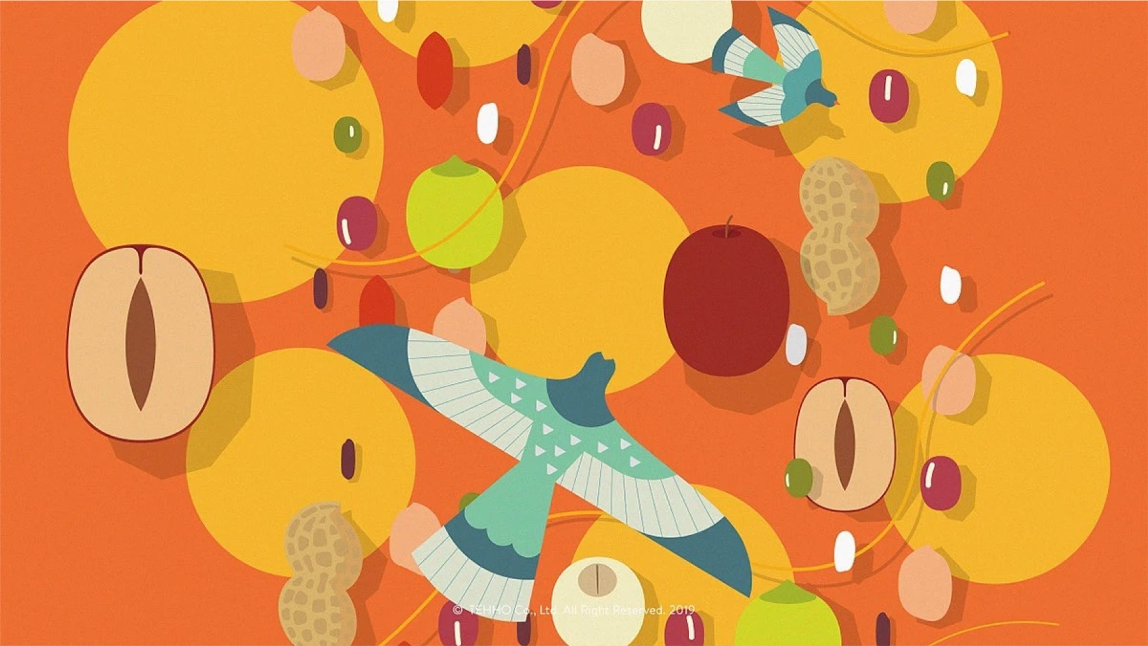 DEHE mixed-grain flavor illustration with beans, nuts, fruit and a bird on orange