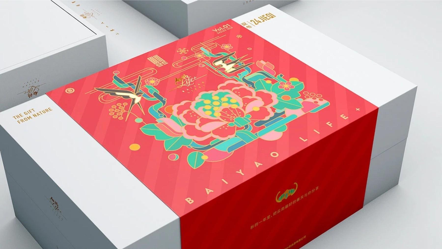 Baiyao LIFE+ red gift box sleeve with a peony illustration