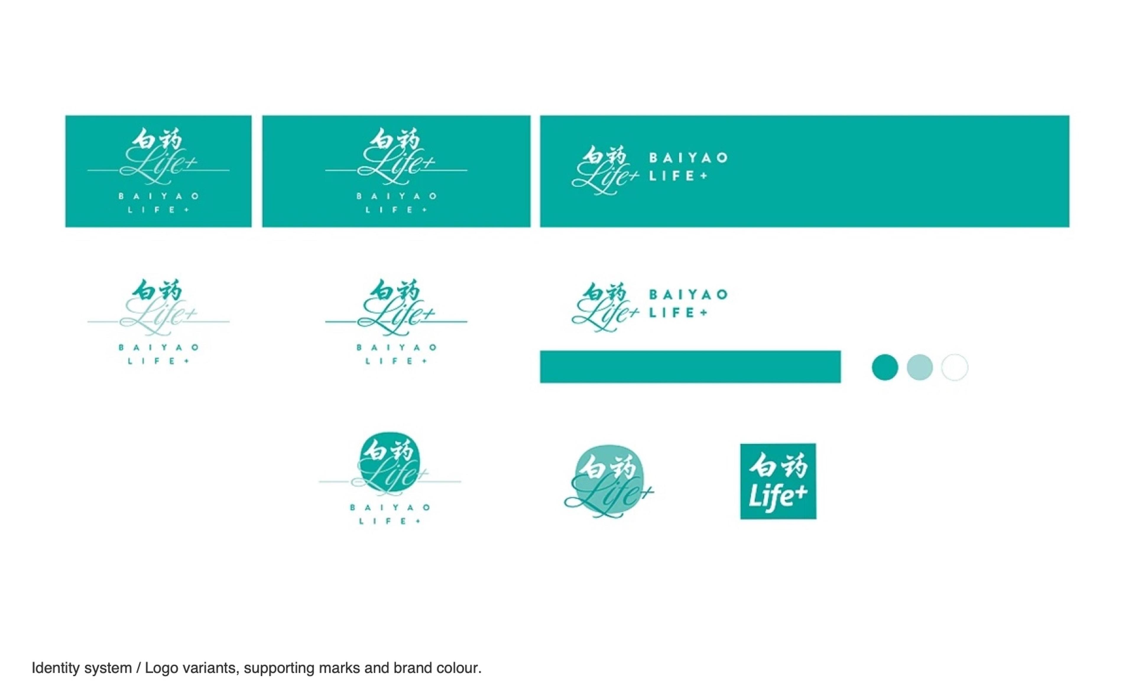 Baiyao LIFE+ logo variants, supporting marks and teal brand color