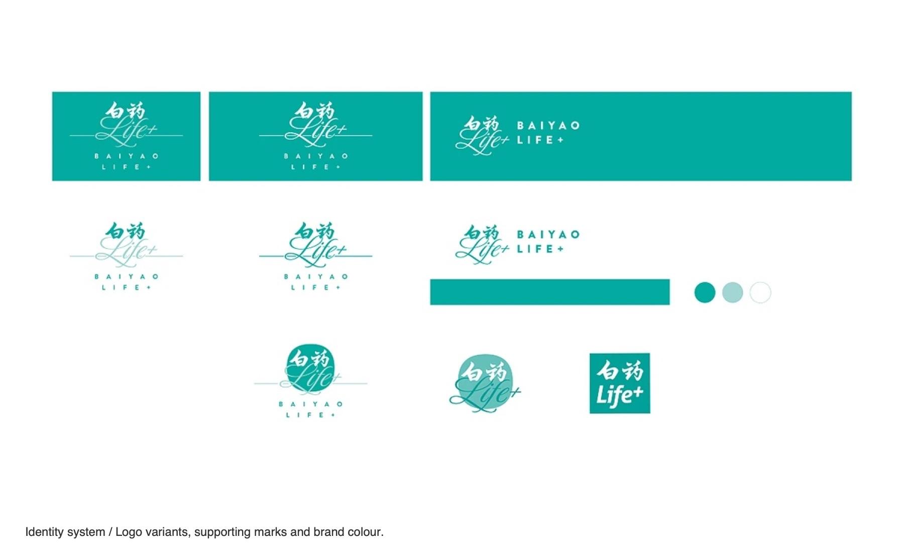 Baiyao LIFE+ logo variants, supporting marks and teal brand color