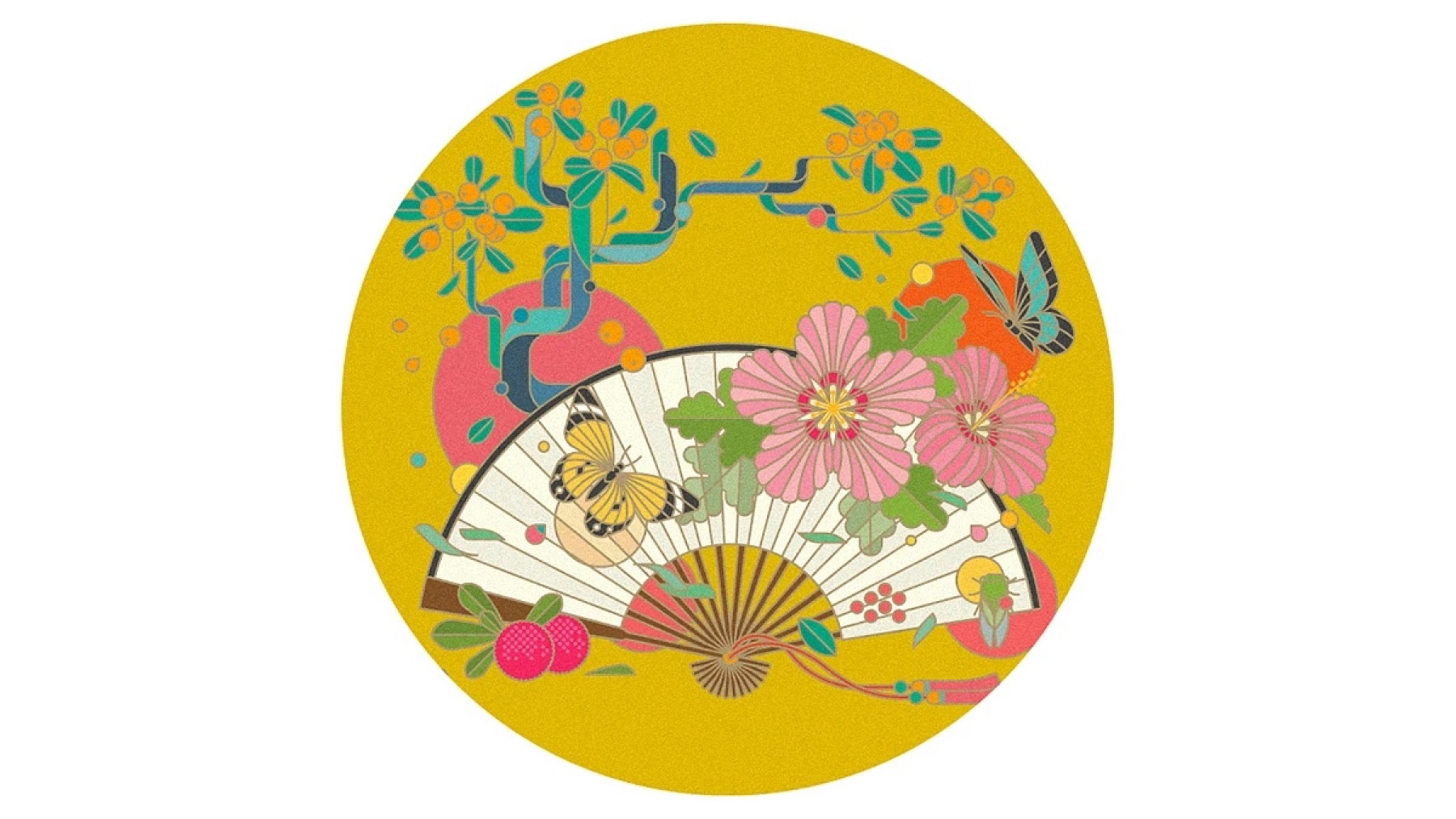 Baiyao LIFE+ round illustration of a folding fan and flowers on yellow