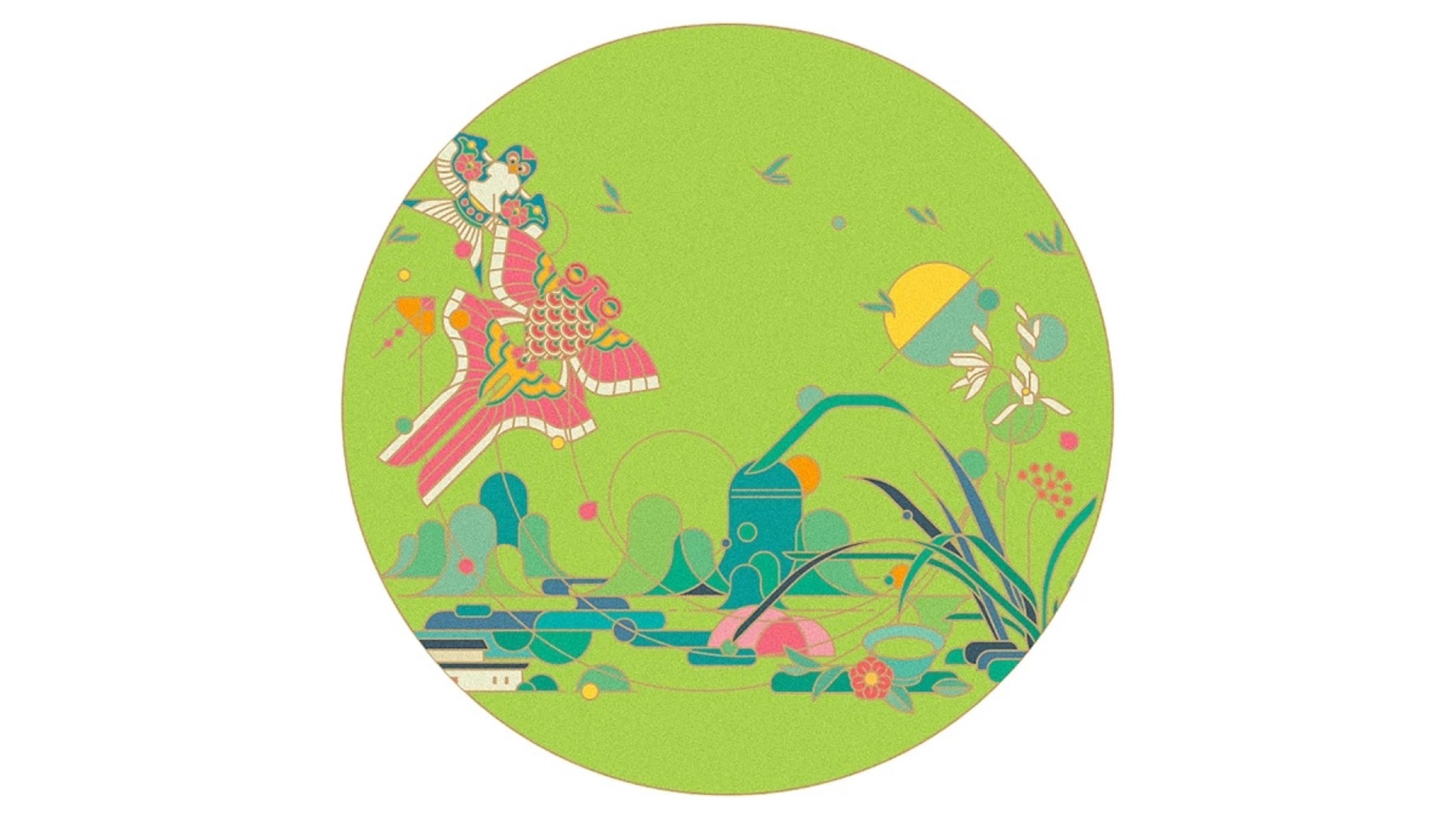 Baiyao LIFE+ round illustration of a green spring landscape with a figure