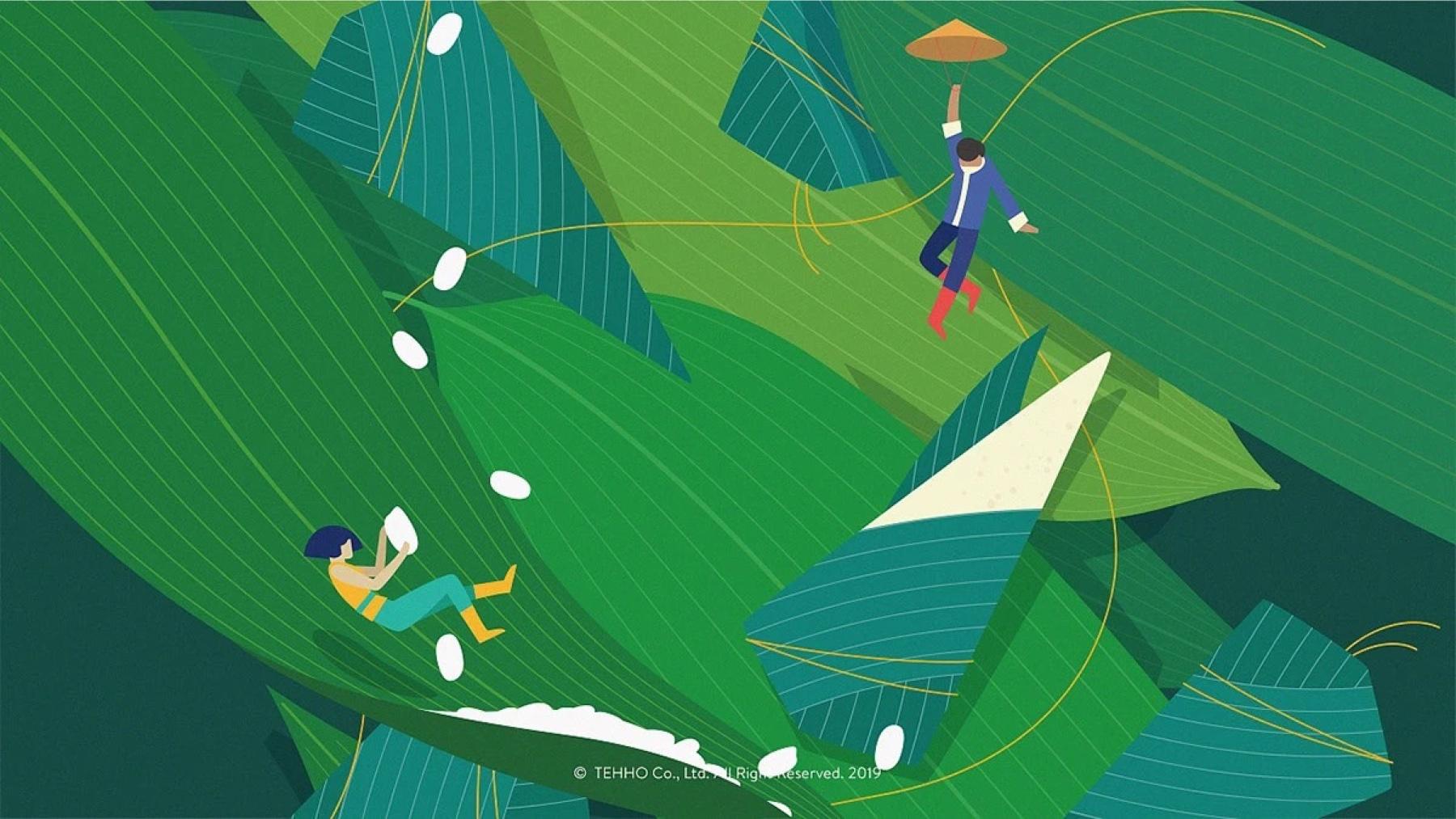 DEHE original flavor illustration of green zongzi leaves with a figure sliding down