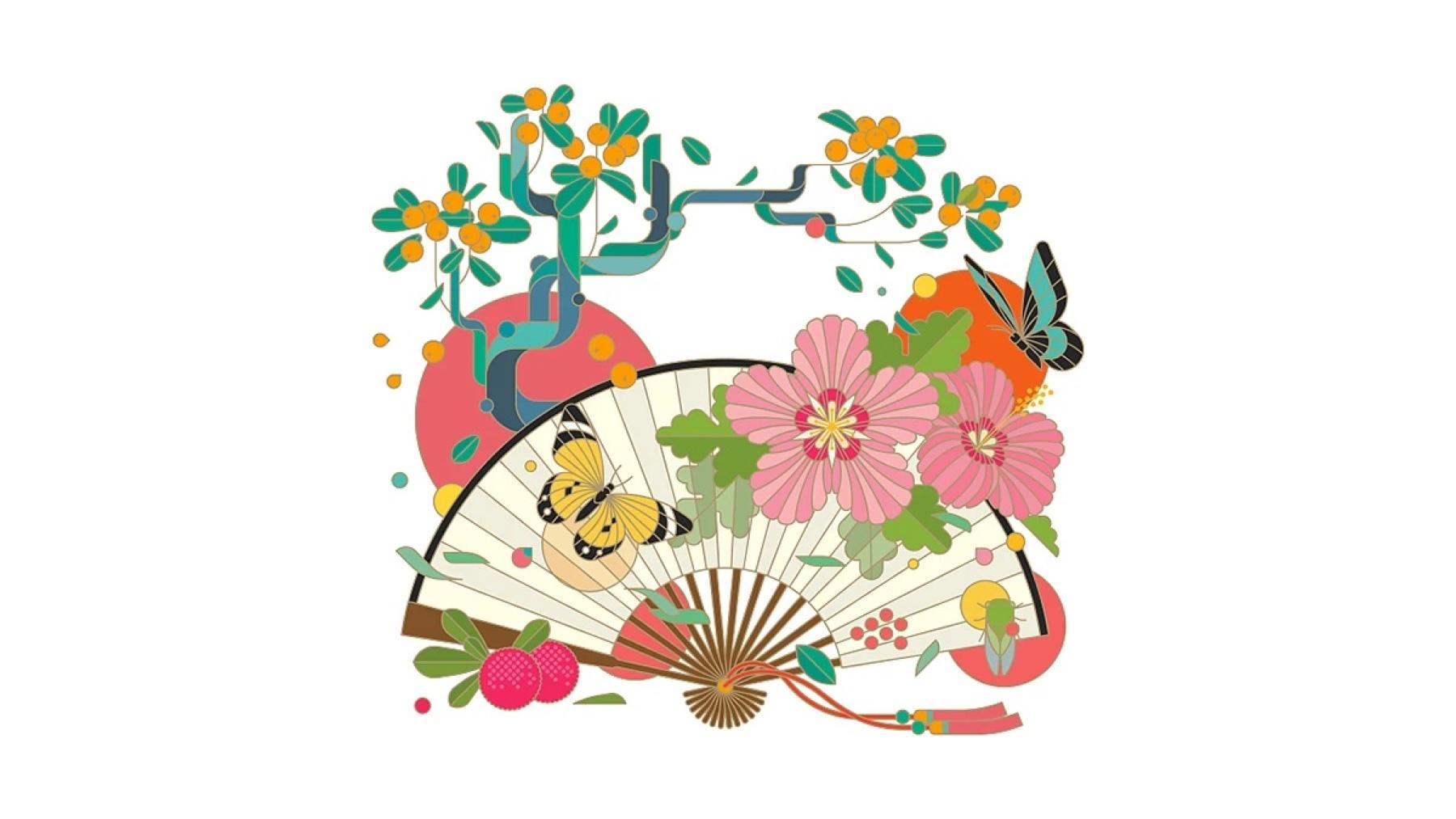 Baiyao LIFE+ folding fan and flowers illustration, full artwork