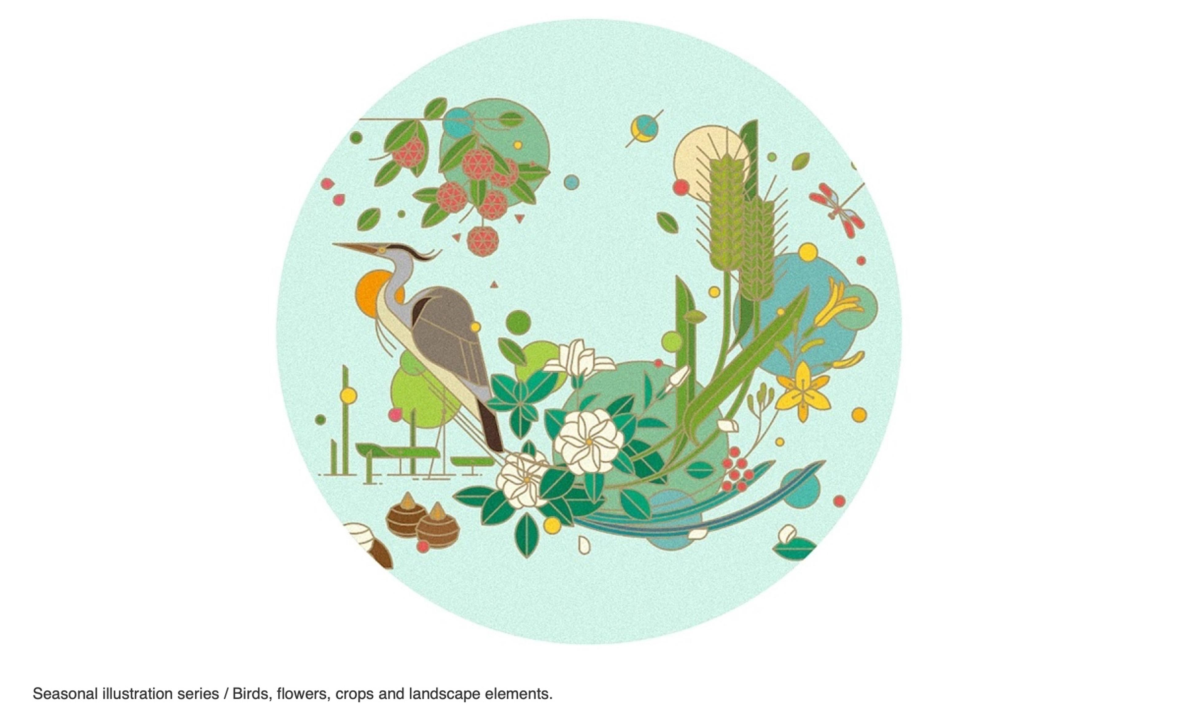 Baiyao LIFE+ round illustration of a heron among flowers and crops