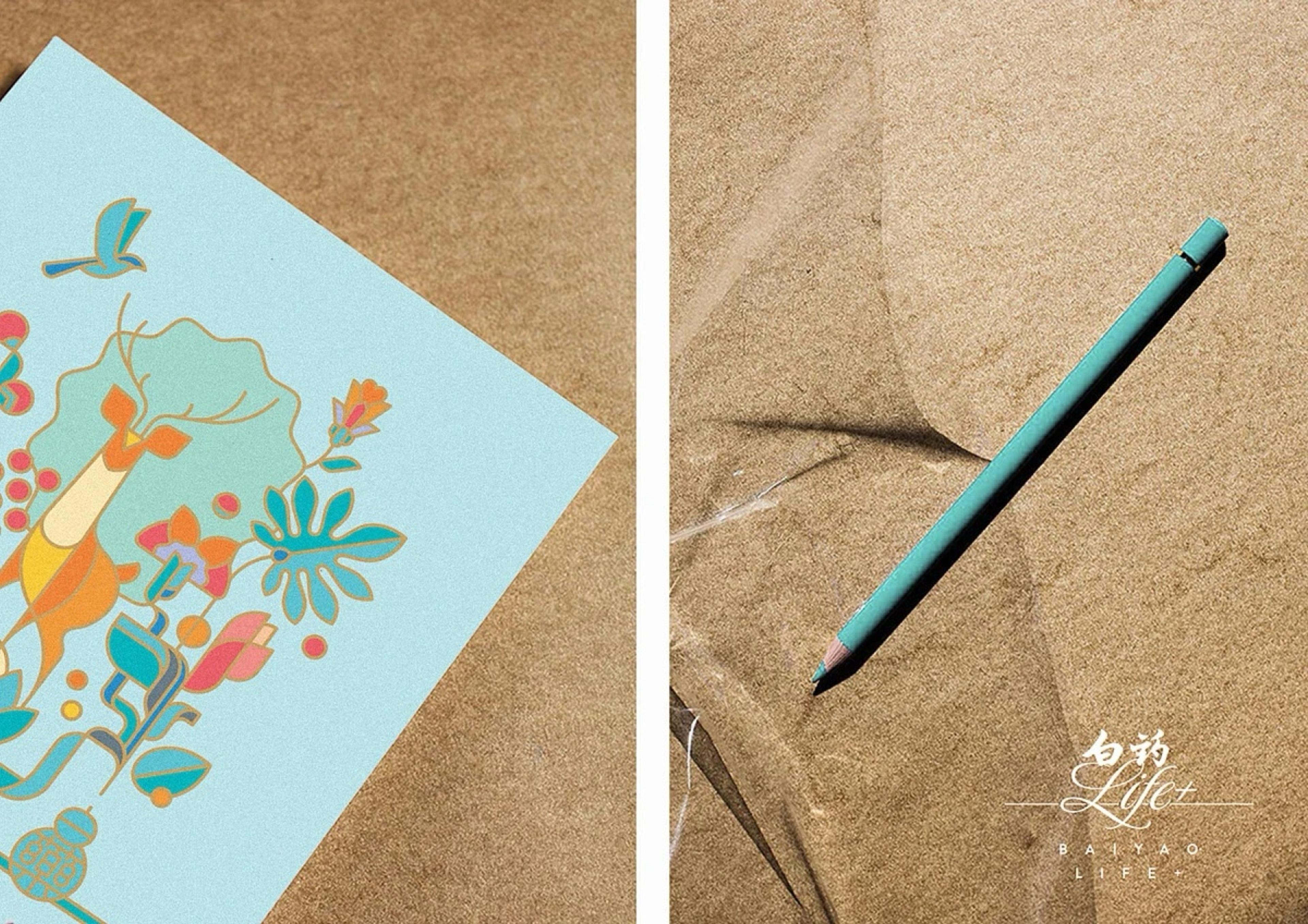 Baiyao LIFE+ illustrated cards and a teal pen on kraft paper