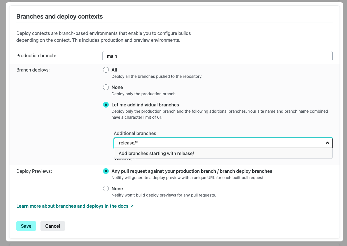 Netlify UI settings to deploy all branches with the prefix release