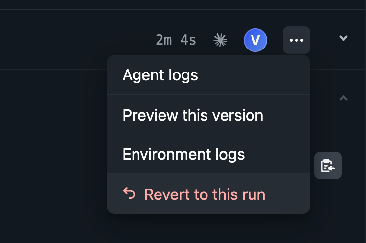Close-up of Agent Runners product UI showing a drop-down menu and the Revert to this run option