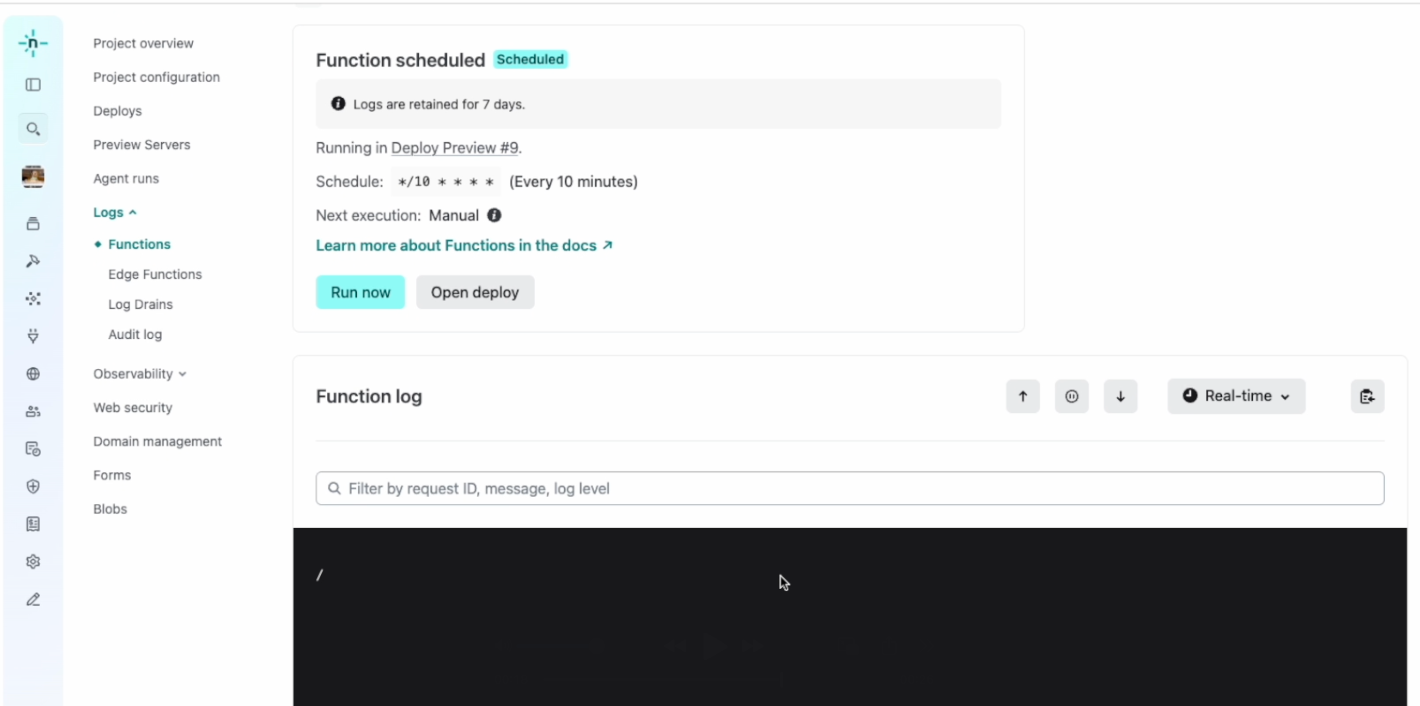 Netlify project dashboard showing a "Run now" button