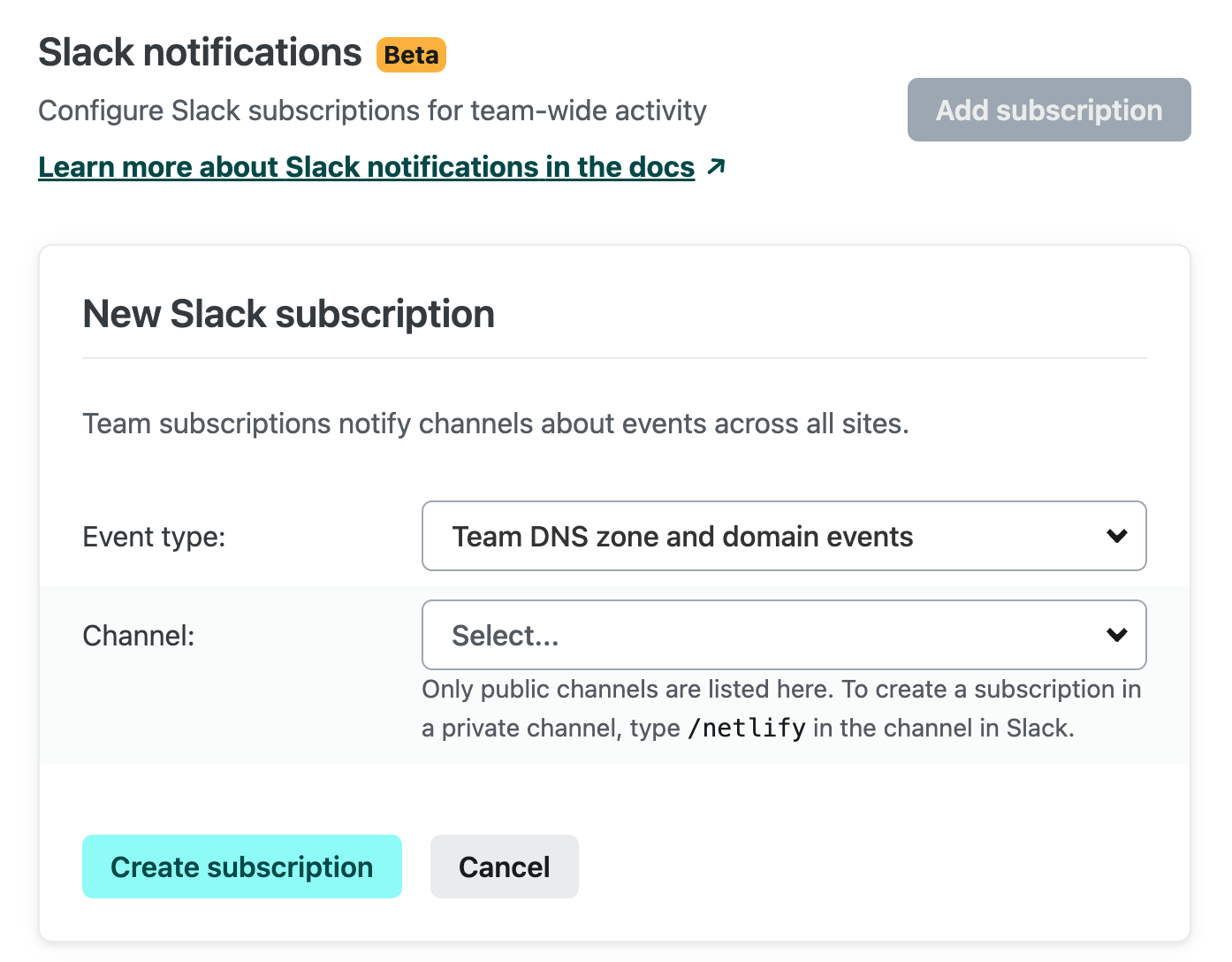 Setting up a new Slack subscription to Team Domains and DNS events