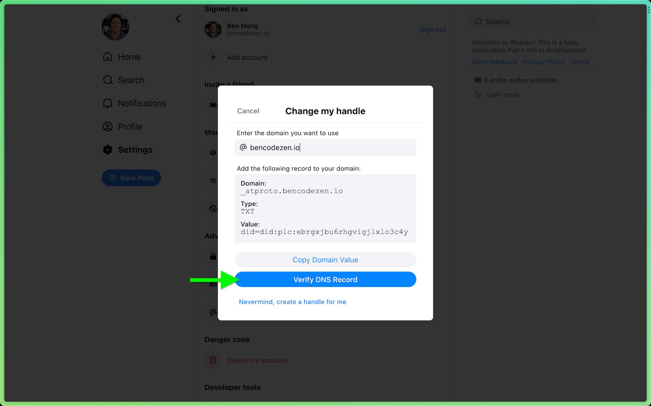 Screenshot of Bluesky dashboard that shows how to verify the DNS record we just created