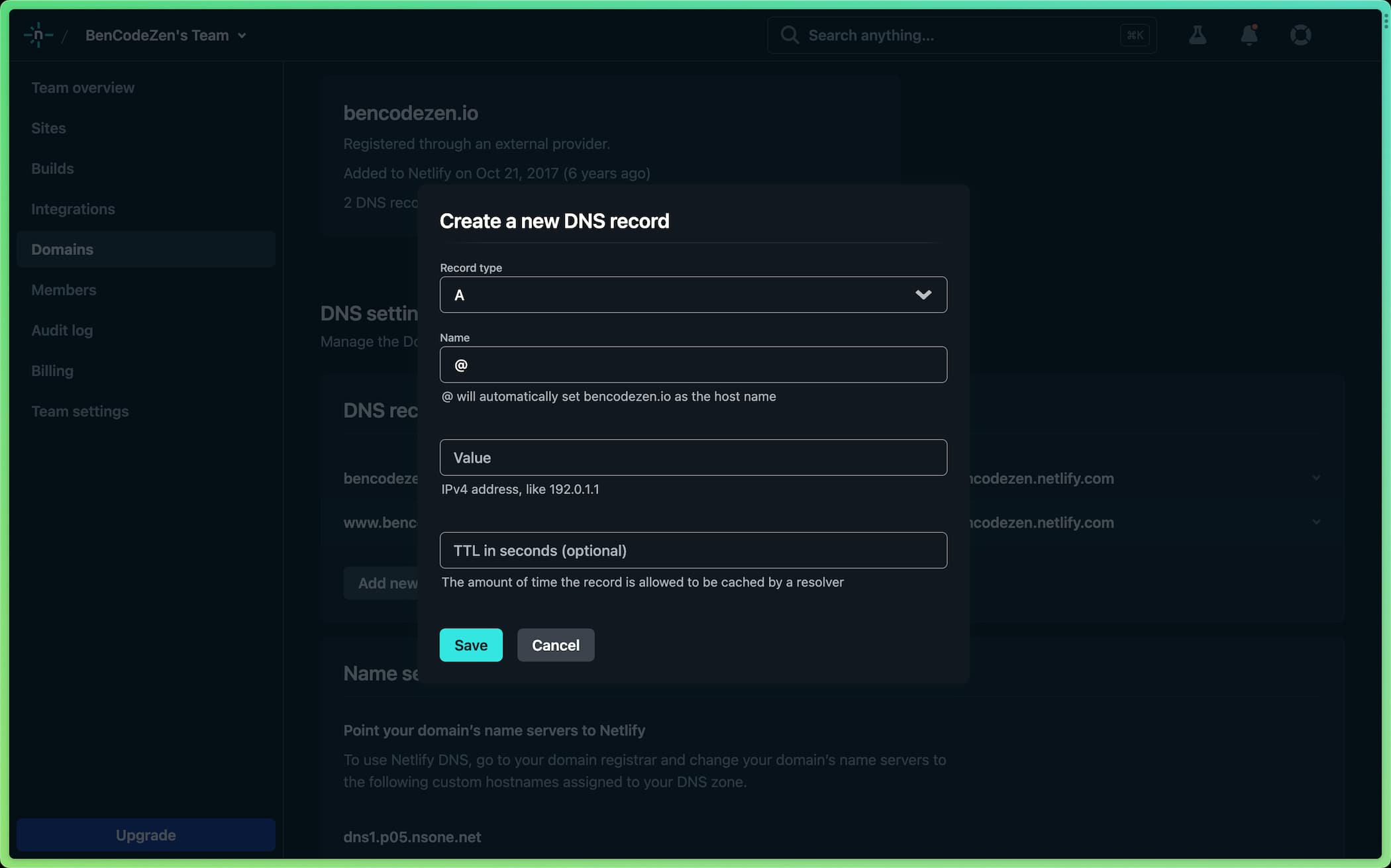 Screenshot of Netlify dashboard that shows the new DNS record form

