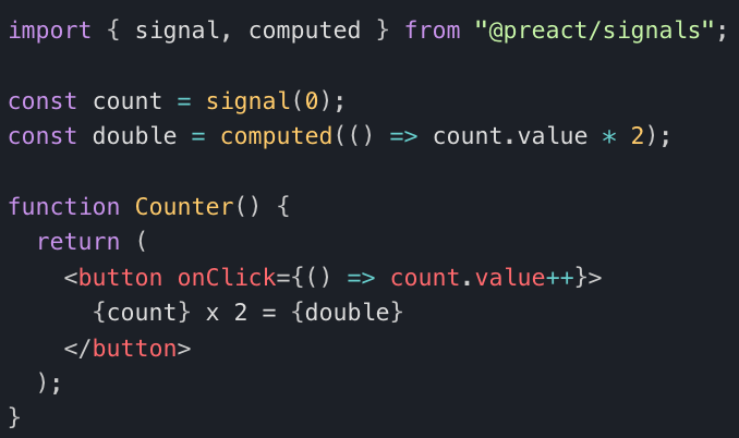 A code sample showing Preact Signals in use