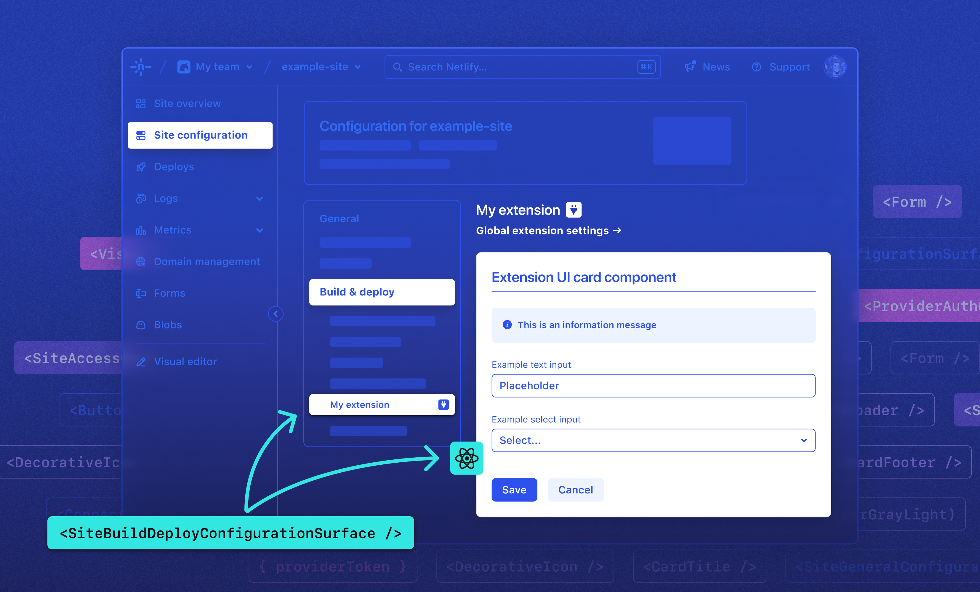 UI showing site extension configuration with input fields and code snippets.