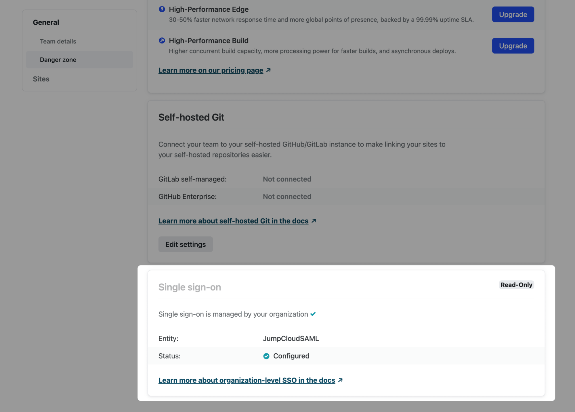 SSO configuration at the team level