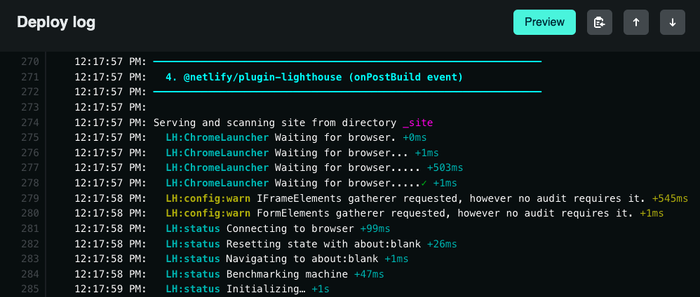 The deploy logs, showing the plugin-lighthouse task starting.