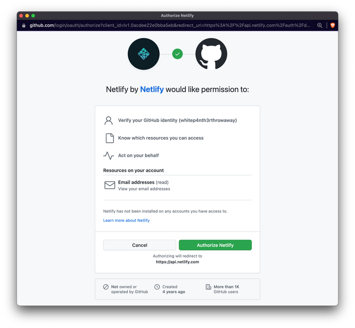 A screenshot of the Auth flow connecting GitHub to Netlify