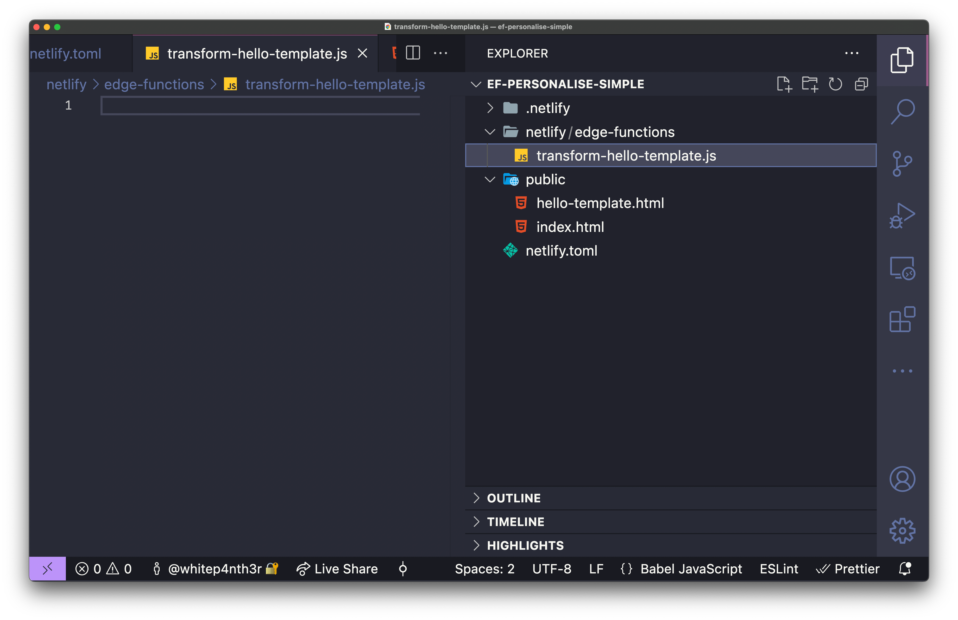 Screenshot of VSCode, showing the new edge function file in the edge functions directory