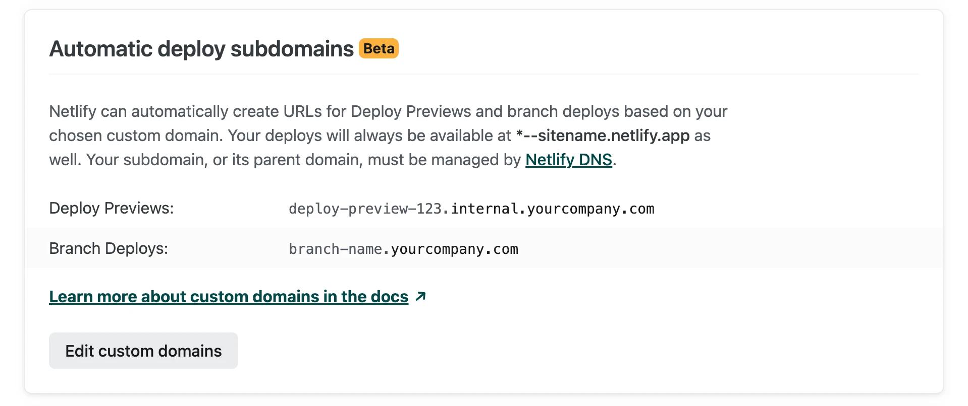 Deploy Previews and branch deploys are each set to use a custom subdomain